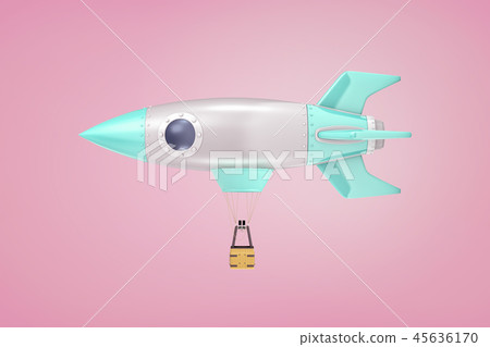 3d rendering of retro space ship connected to a basket flies horizontally like a hot air balloon on 3d rendering of retro space ship connected to a basket flies horizontally like a hot air balloon on 45636170