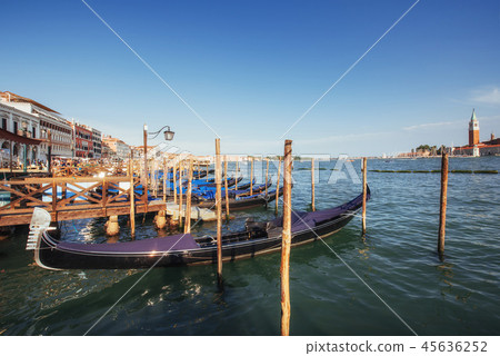 Gondolas on Grand canal in Venice, San Giorgio Maggiore church. San Marco. 45636252