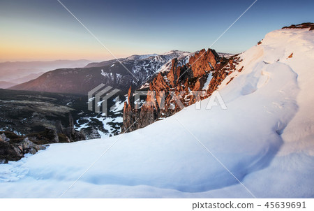 Colorful spring sunset over the mountain ranges in the national park Carpathians. Ukraine, Europe 45639691