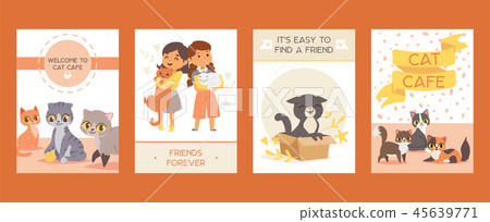 Children with pets adopt friendship cards vector illustration. Love child and cat posters. 45639771