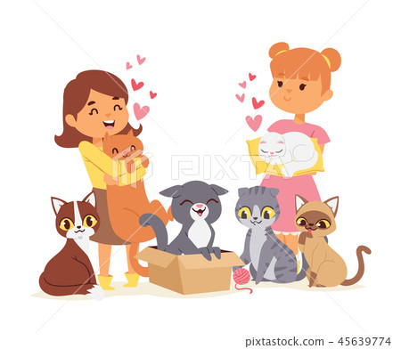 Children with pets adopt friendship concept vector illustration. Love child cat adoption. 45639774