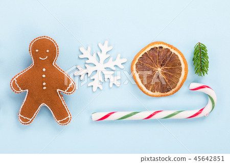 Christmas decorations on pastel color background. Top-down view. 45642851