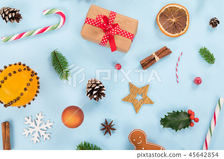 Christmas decorations on pastel color background. Top-down view. 45642854