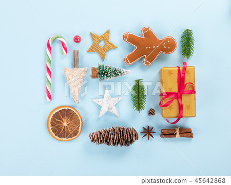 Christmas decorations on pastel color background. Top-down view. 45642868
