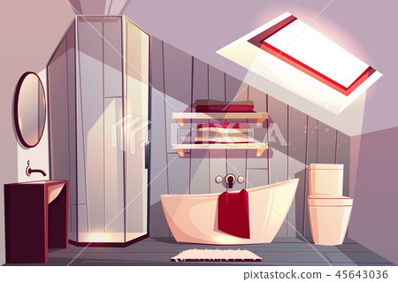 Vector cartoon interior of bathroom in attic.