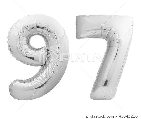 Silver chrome number number 97 ninety seven made of inflatable balloon on white 45643216