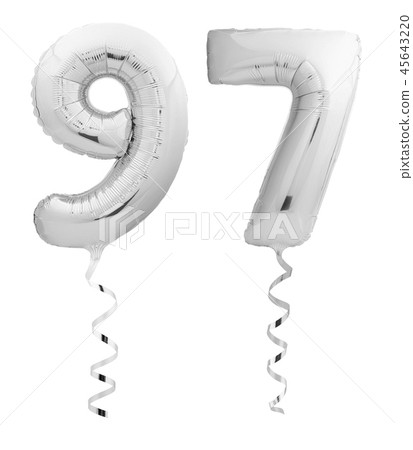 Silver chrome number ninety seven 97 made of inflatable balloon with ribbon isolated on white 45643220