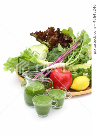 Assortment of green smoothies and vegetables, oily vegetables with cholesterol lowering effect 45643246