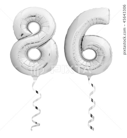 Silver chrome number eighty six 86 made of inflatable balloon with ribbon on white 45643306