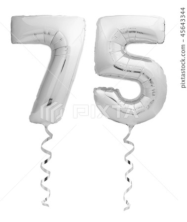 Silver chrome number seventy five 75 made of inflatable balloon with ribbon on white Silver chrome number seventy five 75 made of inflatable balloon with ribbon on white 45643344