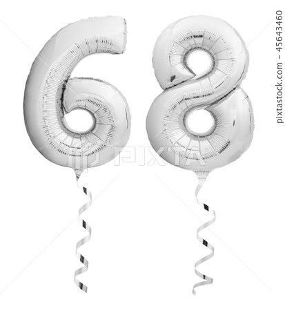 Silver chrome sixty eight 68 made of inflatable balloon with ribbon on white 45643460