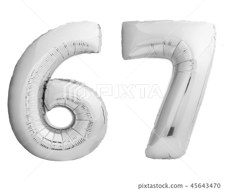 Silver chrome number 67 sixty seven made of inflatable balloon on white Silver chrome number 67 sixty seven made of inflatable balloon on white 45643470