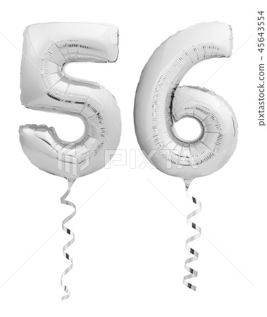Silver chrome fifty six 56 made of inflatable balloon with ribbon on white 45643554
