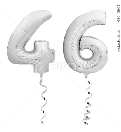 Silver chrome forty six 46 made of inflatable balloon with ribbon on white 45643601