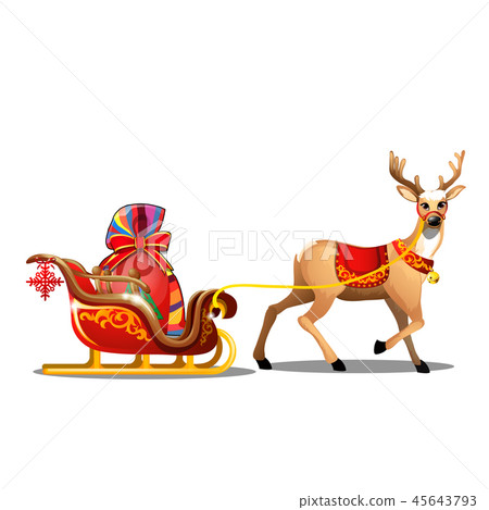 Christmas sketch with animated deer with red blanket and sleigh with bag of Santa Claus with gifts Christmas sketch with animated deer with red blanket and sleigh with bag of Santa Claus with gifts 45643793