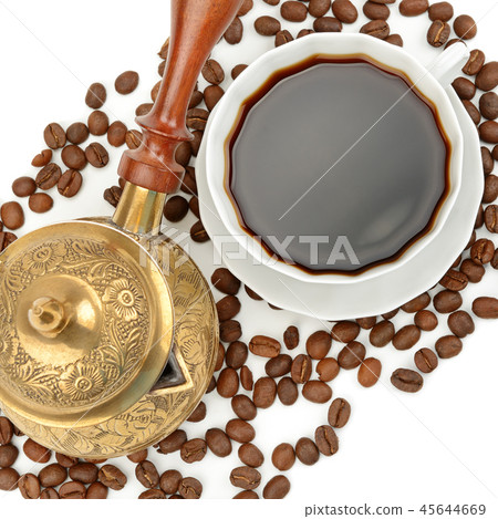 Coffee pot and cup of coffee isolated on white 45644669