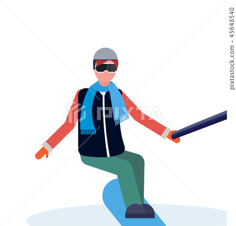 man snowboarder taking selfie by action camera winter vacation activities concept male cartoon 45648540