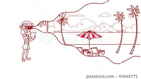 elf girl wear digital glasses virtual reality summer ocean beach palm tree paradise island landscape 45648775