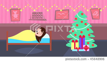 woman sleep in bad living room decorated interior merry christmas happy new year holidays concept 45648906