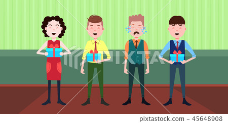 happy people holding gift box standing together with crying man without present merry christmas new 45648908