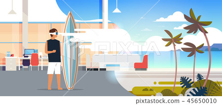 man surfer wear digital glasses hold surf board virtual reality ocean beach palm tree vr vision 45650010