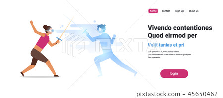 woman fencer wear digital glasses fighting with virtual reality man fencing athlete vr vision 45650462