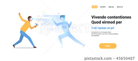 man fencer wear digital glasses fighting with virtual reality opponent fencing athlete vr vision 45650487