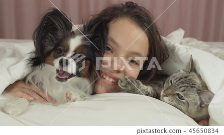 Happy teen girl communicates with dog Papillon and Thai cat in bed 45650834