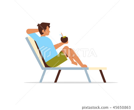 young man lying on sun lounger holding coconut cocktail summer vacation concept flat isolated 45650863