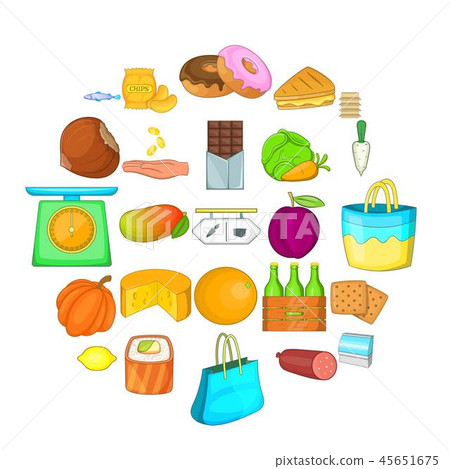Cheese shop icons set, cartoon style Cheese shop icons set, cartoon style 45651675