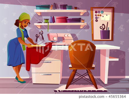 Vector tailor room, studio with Aframerican seamstress Vector tailor room, studio with Aframerican seamstress 45655364