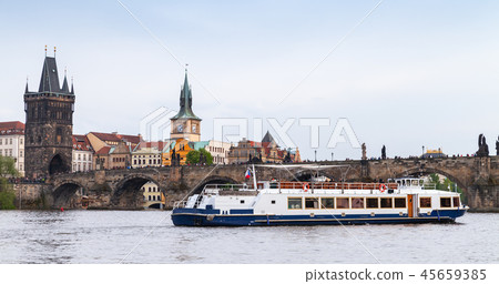 Small passenger ship on Vltava river. Prague 45659385