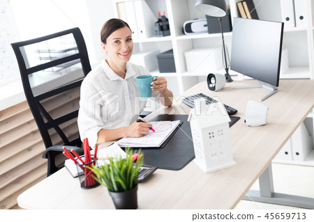 A young girl working in the office at the computer. A young girl working in the office at the computer. 45659713