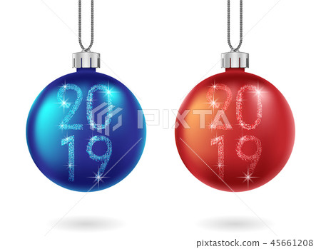Set of shiny Christmas red and blue ball isolated. Sparkling glitter bauble with 2019 text 45661208