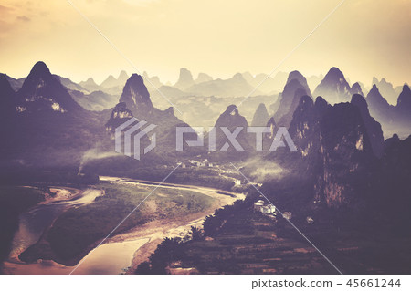 Aerial view of a Lijiang River at sunset, China. 45661244
