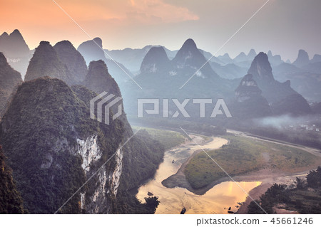 Scenic sunset over Li River, China. 45661246