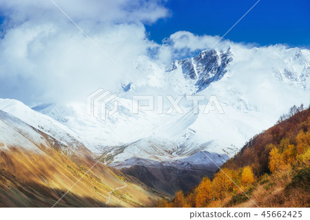golden autumn landscape between the rocky mountains in Georgia. Malvnychi snow-capped peaks. Europe 45662425