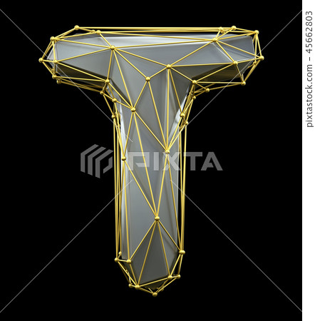 Capital latin letter T in low poly style silver and gold color isolated on black background. 3d 45662803