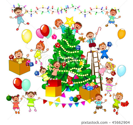 Happy kids decorate Christmas tree 45662904