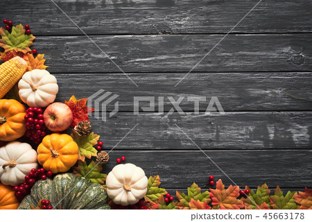 Top view of Autumn maple leaves with Pumpkin Top view of Autumn maple leaves with Pumpkin 45663178