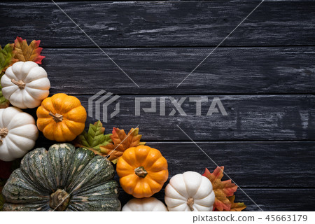 Top view of Autumn maple leaves with Pumpkin Top view of Autumn maple leaves with Pumpkin 45663179
