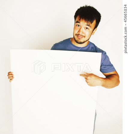 pretty cool asian man holding empty white plate smiling pretty cool asian man holding empty white plate smiling 45665834