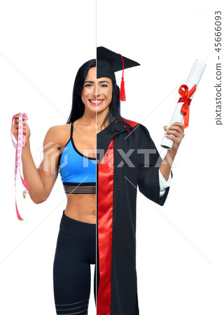 Woman in two occupations of fitness trainer and graduate. 45666093