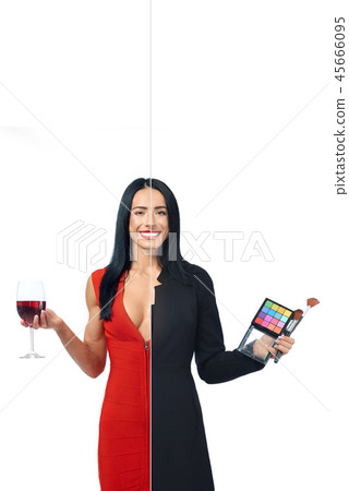 Adorable girl in two occupations of model and makeup artist. 45666095
