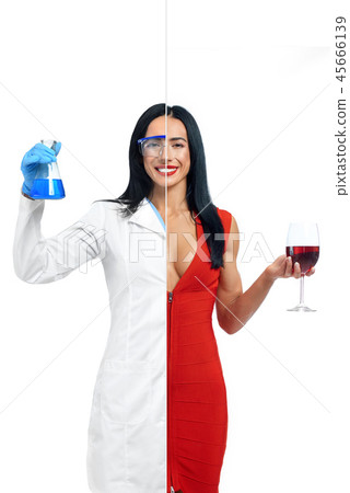 Cute girl in two occupations of scientist and model. 45666139