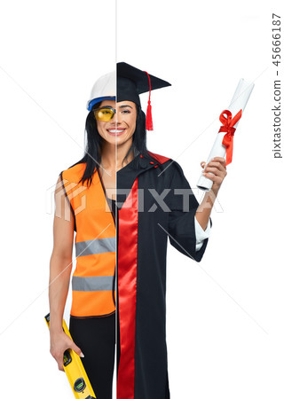 Girl in two occupations of buider and proud graduate. 45666187