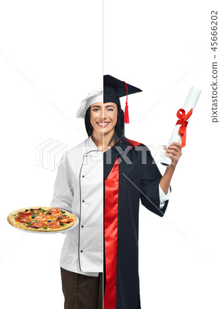 Cute girl in two occupations of pizza maker and graduate. 45666202
