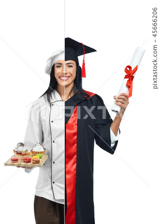Girl in two occupations of confectioner and graduate. Girl in two occupations of confectioner and graduate. 45666206