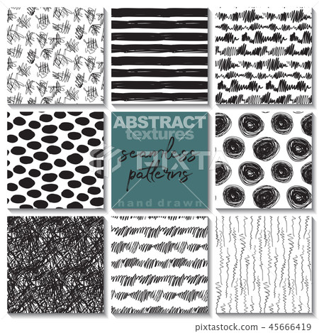 Set of eight hand drawn ink seamless patterns. - Stock Illustration ...