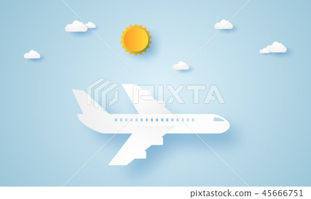 Airplane flying in the sky , paper art style 45666751